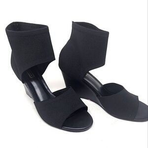 Black Wedge Sandals Newbella Trendy Sock Style Block Heel Stretch Knit 9